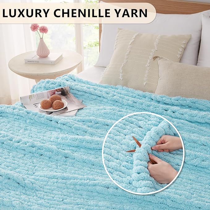 L'AGRATY Chunky Knit Blanket Throw - Soft Chenille Yarn Throw Blanket 40x50： Handmade Thick Cable Knit Crochet Blanke - Large Knit Blanket Chunky Rope Knot Throw Blanket for Couch Sofa Bed Home Decor