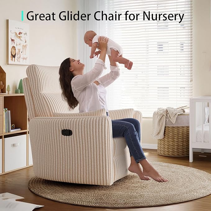 LINSY 360 Swivel Rocker Recliner - Corduroy Nursery Glider Rocking Chair with 2 Pillows, Comfy High Back Adult Recliner for Small Spaces, Nursery Bedroom Living Room Reclining Chairs (Beige)
