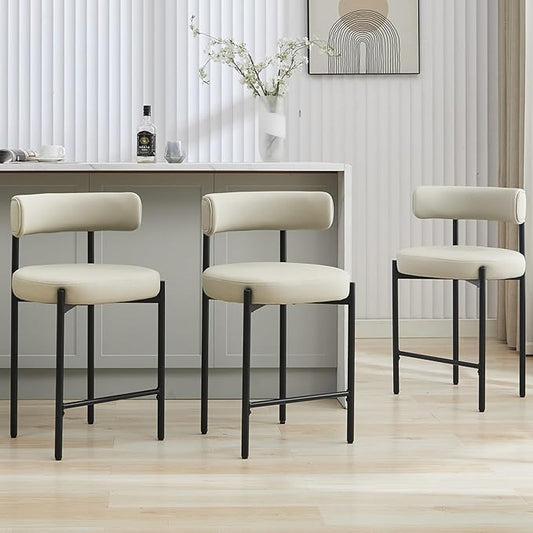 24'' Faux Leather Bar Stools Set of 3, Counter Height Bar Stools with Backs, Upholstered Counter Chairs for Kitchen Counter (Vegan Leather, Grey)
