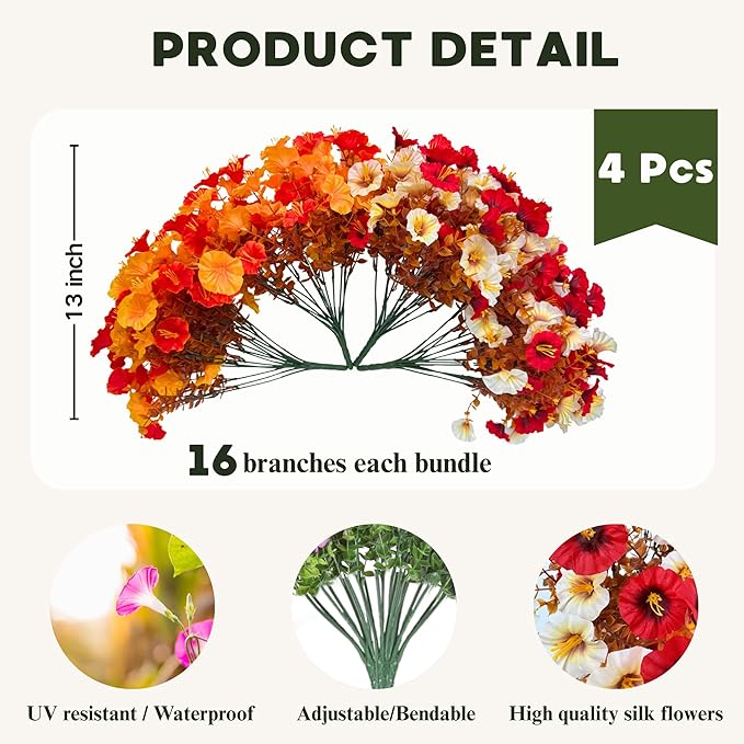 Artificial Fall Flowers for Outdoor, Fake Petunias Plants, Faux Flower, Fake Mums, 4PCS Fall Outdoor Decoration, UV Resistant, Silk Morning Glorias, for Home Garden Porch Planter (Deep Autumn)