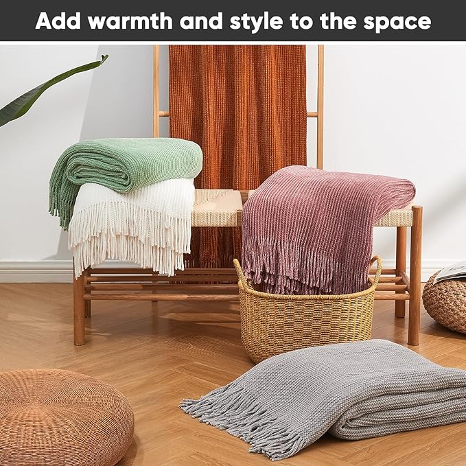 inhand Throw Blanket for Couch Bed,Chunky Chenille Woven Soft Blankets with Tassels,Cozy Boho Farmhouse Fall Winter Decor,Warm for Women,50"x60",Medium Thick-Off White