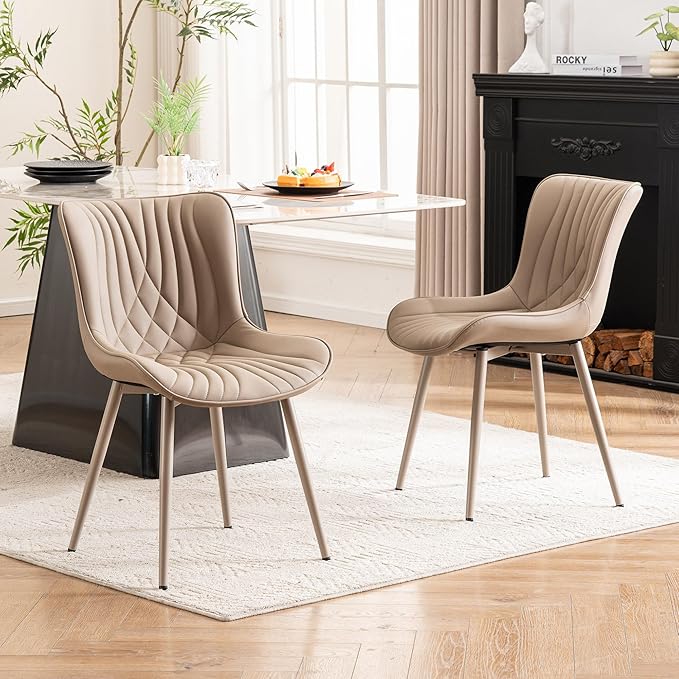 YOUTASTE All Khaki Dining Chairs Set of 2, Mid-Century Modern Armless Kitchen Chairs with Back, Faux Leather Upholstered Accent Chairs with Metal Legs for Living Room, or Bedroom