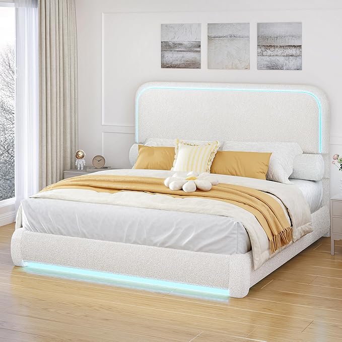 Torana King Marshmallow Bed Frame with Headboard and Footboard, Curved Shaped Cloud Upholstered Beds with LED Lights, Teddy Fleece Bedframe with Soft Rounded Corners and Strong Slats Support, Cream