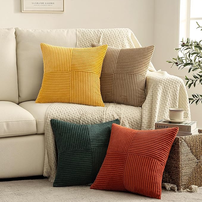 MIULEE Green Rust Throw Pillow Covers 16x16 Inch Set of 4 Boho Farmhouse Soft Corduroy Striped Cushion Cases Decorative Color-Clash Home Decor for Couch Sofa Living Room Bed