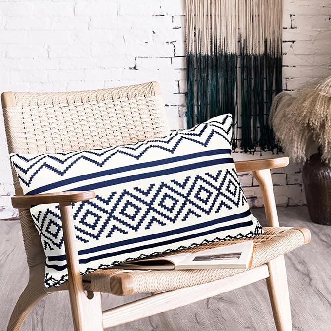 Decorative Throw Pillow Covers Set of 2 Blue Boho Pillow Covers 12x20 Inch Throw Pillow Cover Linen Pillowcase Modern Farmhouse Outdoor Pillow Covers for Couch Sofa Bed Living Room