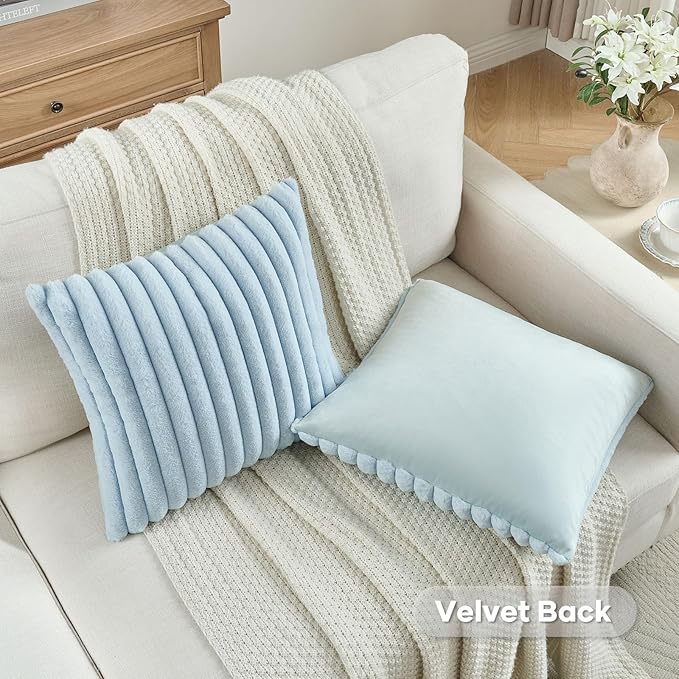 FUTEI Light Blue Striped Decorative Throw Pillow Covers 18x18 Inch Set of 2,Square Fall Decorations Couch Pillow Case,Soft Cozy Faux Rabbit Fur & Velvet Back,Modern Home Decor for Bed