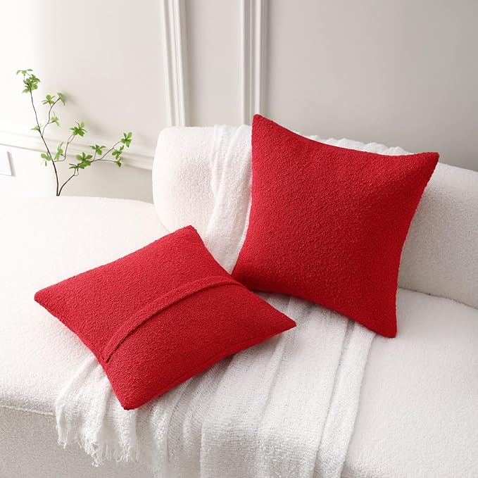 FUTEI Pack of 2 Red Decorative Throw Pillow Covers 22x22 Inch Soft Cozy Solid Boucle Textured Cushion Case,Modern Home Decor for Couch Bed Living Room