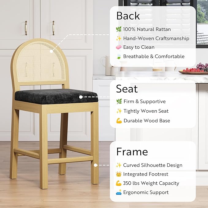 STHOUYN Upholstered Rattan Bar Stools Set of 2, Wooden Counter Height Stools with Natural Rattan Woven Back and Chenille Seat, Mid-Century Modern Island Chairs Barstools for Kitchen (2, Black)