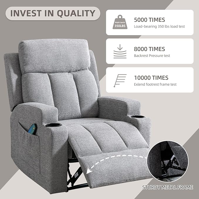 Phoenix Home Manual Recliner Chair with Massage and Heat Ergonomic Overstuffed Breathable Fabric Reclining Chair with 2 Side Pockets, 2 Cup Holders, Remote Control, Living Room, Bedroom, Gray