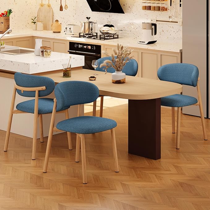 Kitchen Dining Chairs Set of 2 Modern Soft Linen Farmhouse Dining Room Chair with Metal Legs, Blue/Original