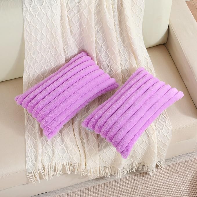 FUTEI Purple Striped Decorative Throw Pillow Covers 12x20 Inch Set of 2,Rectangle Fall Decorations Couch Lumbar Pillowcase,Soft Cozy Faux Rabbit Fur & Velvet Back,Modern Home Decor for Bed