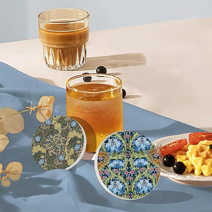 Coaster for Drinks Set of 6, Vintage Flower Absorbing Round Ceramic Stone Coaster with Cork Base,Tabletop Protection Mat for Mugs and Cups,Coffee Table Wine Glass Home Bar 4 Inch