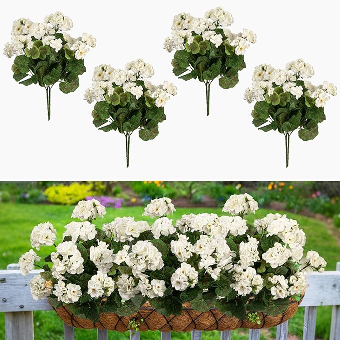Plastic Flowers for Outdoors Home Decor Fake Plants Artificial Flowers Artificial Geraniums Outdoor Fake Flowers Silk Bouquet, Fall Decor for Interior Porch Garden Decor 14.4" (White) 8PCS