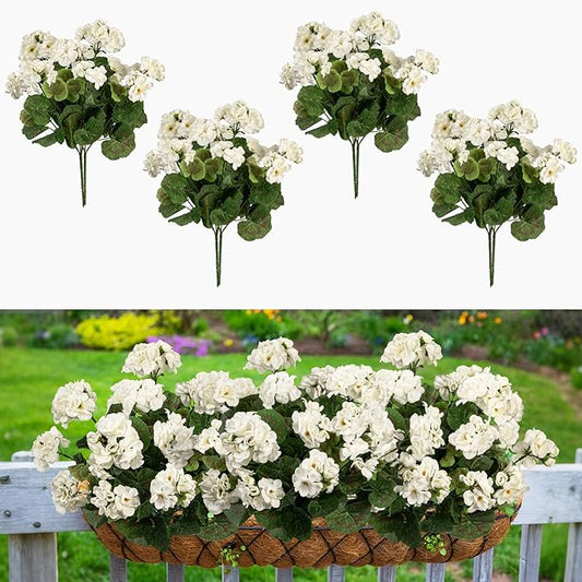 Plastic Flowers for Outdoors Home Decor Fake Plants Artificial Flowers Artificial Geraniums Outdoor Fake Flowers Silk Bouquet, Fall Decor for Interior Porch Garden Decor 14.4" (White) 8PCS