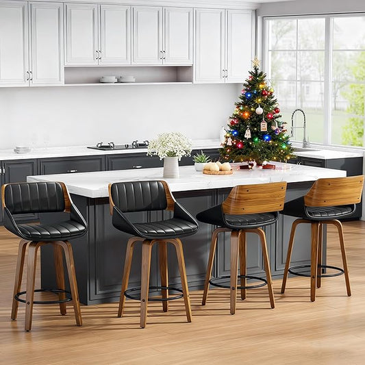 Bar Stools Set of 4, 26" Swivel Counter Height Barstools with Walnut Bentwood Back and Legs, Mid-Century Modern Faux Leather Upholstered Bar Chairs with footrest for Bar, Kitchen Island, café, Black