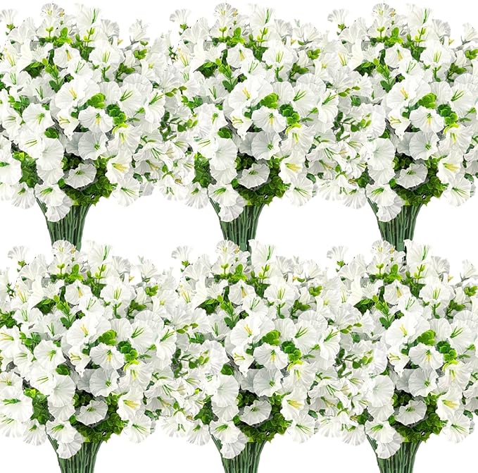 Ouddy Decor 24 Bundles Artificial Flowers for Outdoors Decoration Fake Silk Morning Glory Flowers Faux Eucalyptus Plants UV Resistant for Porch Patio Garden Spring Summer Home Decor, White
