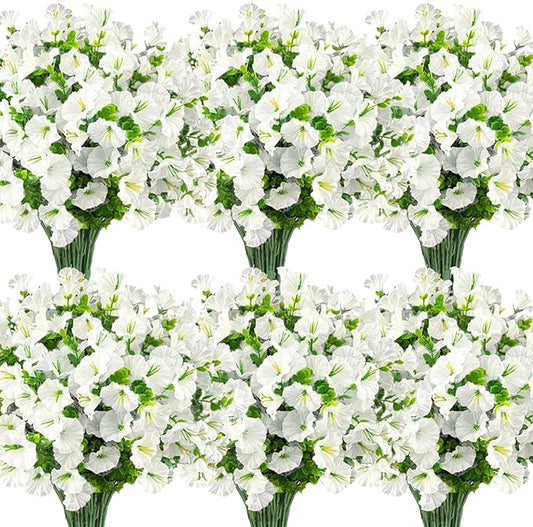 Ouddy Decor 24 Bundles Artificial Flowers for Outdoors Decoration Fake Silk Morning Glory Flowers Faux Eucalyptus Plants UV Resistant for Porch Patio Garden Spring Summer Home Decor, White