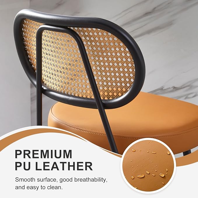 26" Rattan Barstools Set of 2, Counter Height Bar Chair with Black Metal Legs, Modern Armless PU Leather Pub Chair,Adjustable Feetpads Stools for Home Counter,Kitchen Dining Island,Cafe(WBR)