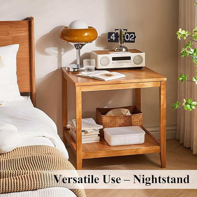 Side Table, Solid Wood Square End Table with Storage Shelf, 2-Tier Coffee Table for Living Room, Rubber Wood Small Sofa Table, Nightstand 23.62 H x 23.62 W x 23.62 D Inches (Natural)