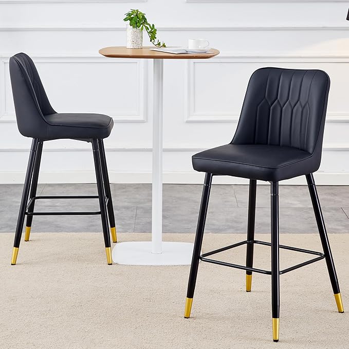 Bar Stools Set of 2,Counter Height Bar Stools with Back,Modern Faux Leather Kitchen Stools,27"Black Barstools with Stable Metal Leg,Armless Counter Height Chair for Kitchen Island,Coffee Corner