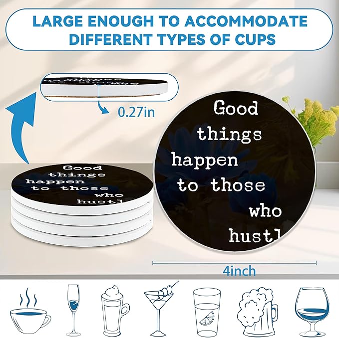 Drinks Coasters Set of 4, Inspirational Positive Quotes Round 4" Cup Coasters, Absorbent Ceramic Stone Coasters with Cork Base, Cute Coasters for Table Home Décor, Ideal Gifts for Women Men