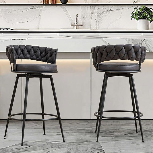Black Bar Stools Set of 2, 28 Inch Counter Height Bar Stool with Metal Legs, 360° Swivel Barstools with Woven Back Leather Upholstered, Modern Chair for Kitchen Island, Cafe