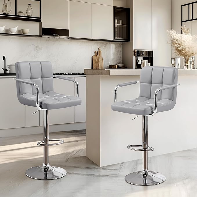 Yaheetech Bar Stools Set of 3, PU Leather Adjustable Barstools with Armrest, Counter Height Stool Chairs with Thickened Seat Cushion for Kitchen Island, Light Grey