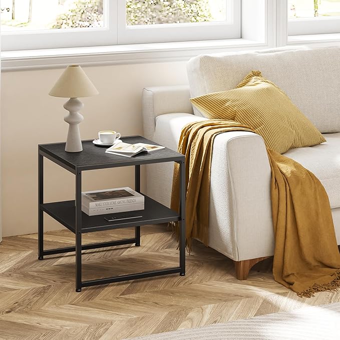 Tatub 20" End Table with Charging Station, Industrial Square Side Table with USB Ports & Outlets, Versatile 2-Tier Small Nightstand for Bedroom Living Room, Black