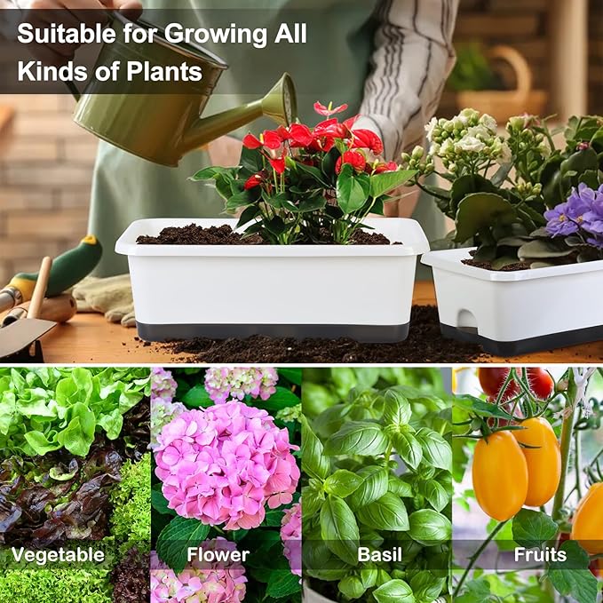 Window Box Planter 6 Pcs, 18 Inches Rectangle Flower Pots with Drainage Holes and Trays, Vegetable Planters for Windowsill Patio Garden Balcony Home Porch Yard Indoor Outdoor (White, 18*10*6 inch)