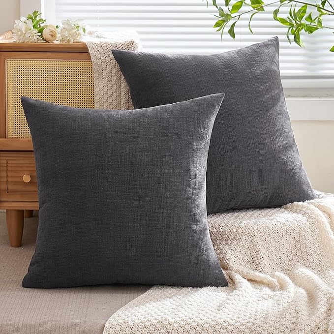 MIULEE Dark Grey Couch Pillow Covers 20x20 Inch, Set of 2 Soft Chenille Decorative Square Throw Pillow Covers Farmhouse for Sofa Living Room Bed