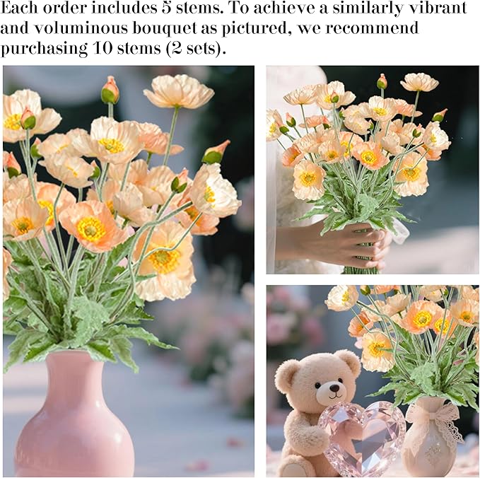 Artificial Poppy Flowers, 5 Bundles Faux Poppies with Stems for Floral Arrangements - Wedding, Home, Office, Party Table Centerpiece Decor (Light Peach)