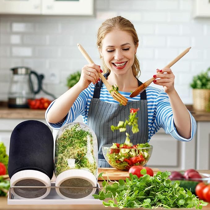 Organic Seed Sprouting Jar Kit – 2 × 32 oz Wide-Mouth Mason Jars with Stainless-Steel Sprouter Lids & Stand, Blackout Sleeves, Drain Tray – Grow Broccoli, Alfalfa & Bean Microgreens