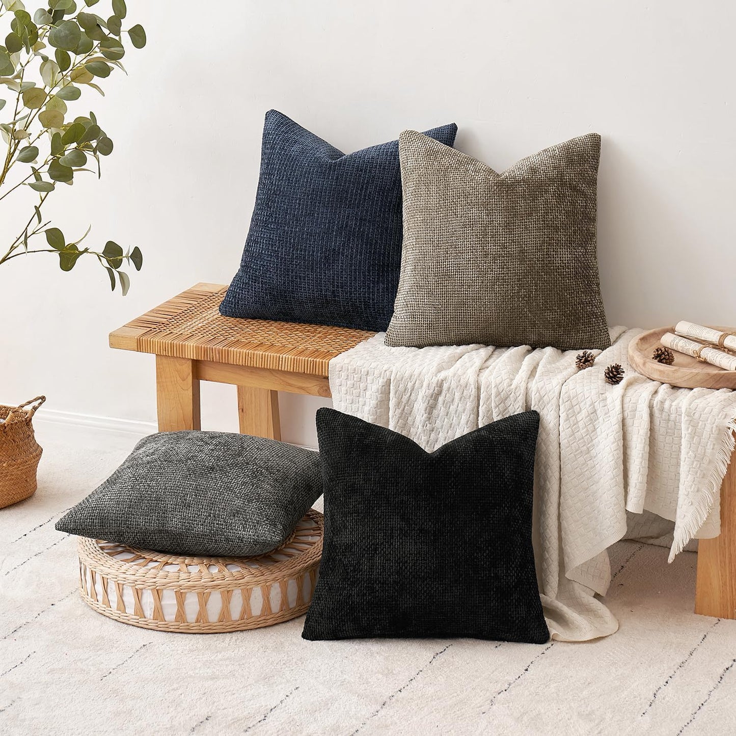 MIULEE Pack of 4 Couch Throw Pillow Covers 20x20 Inch Neutral Navy/Grey Soft Decorative Chenille Pillow Covers Farmhouse Accent Cushion Covers for Boho Home Decor Sofa Bedroom Living Room