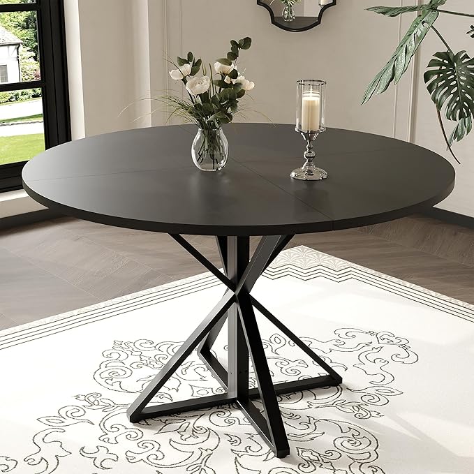 GarveeHome 47 inch Round Dining Table for 4, Black, Farmhouse Wood Circle Pedestal Kitchen Table, Circle Dinner Table for Kitchen & Dining Room