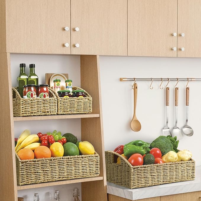 Ollieroo Natural Seagrass Storage Baskets, Handwoven Wicker Storage Bins with Built-in Handles, Storage Container Baskets for Shelves, Bedroom, Bathroom, Laundry Room or Kitchen(Green)