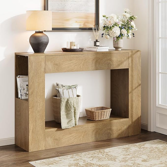 Farmhouse Console Table with Drawer, 47'' Wood Entryway Table with Storage Shelves, Narrow Sofa Table Behind Couch for Living Room, Hallway, Foyer (Natural)