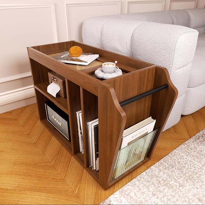 Movable End Table with Brakeable Wheels, Sofa Side Table with Magazine Holder, Removable Layer Board & Storage Compartments - Nightstand, Narrow Side Table, Bedside Table, Living Room, Bedroom (Brown)