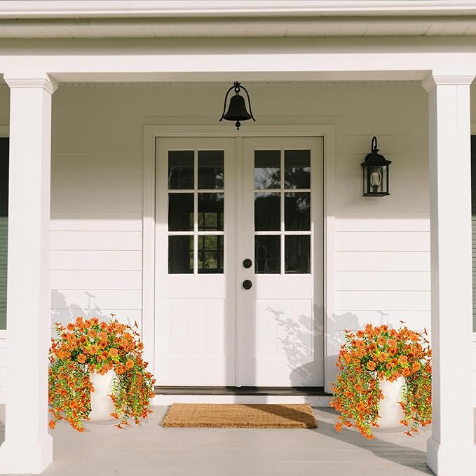 Artificial Flowers for Outdoors Decoration, 2 Pcs Outdoor Faux Plants Daisy with Eucalyptus Leaves Fall UV Resistant Fake Flowers Hanging Planters for Front Porch Patio Yard Door Garden Home Decor