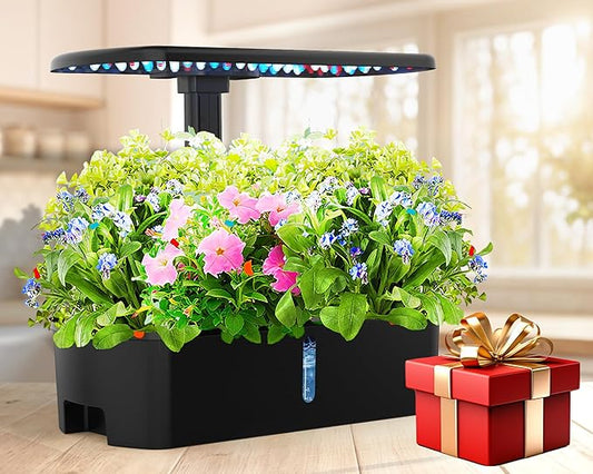 Hydroponics Growing System Kit 12 Pods Indoor Garden, Hydroponic Indoor Herb Garden Kit with Grow Light, Smart in Door Gardening, Adjustable Height, Auto Timer, Quiet Pump, Gift for Mom Women, Black