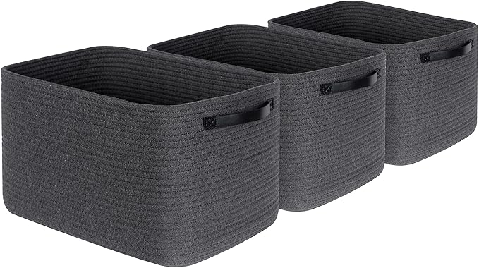 MINTWOOD Design 3-Pack Decorative Woven Storage Baskets for Shelves, Cube Bin Box for Organizing Books, Shoes, Dog Toys, Pantry Closet and Living Room Organizer, Charcoal / Black