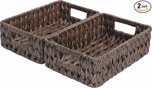GRANNY SAYS Wicker Baskets with Handles,Small Woven Basket for Storage, Waterproof Storage Basket Organizer,Decorative Storage Boxes for Organing Pantry,Brown Basket,2-Pack,11 1/4''L x 7 1/2''W x 3 1/2''H