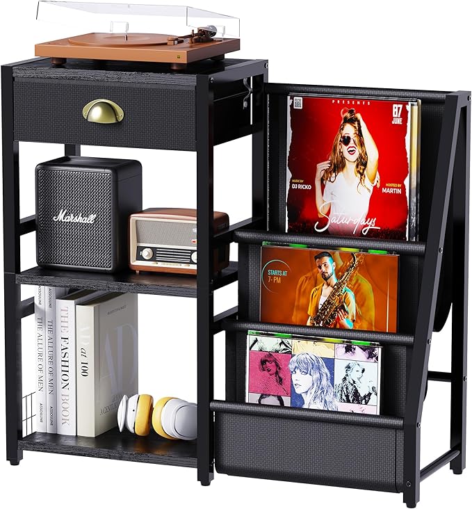 End Table with Vinyl Record Storage - 3 Tier Turntable Stand with Records Holder for Media Stereo Speaker, Amplifiers, Magazines - Rustic Black