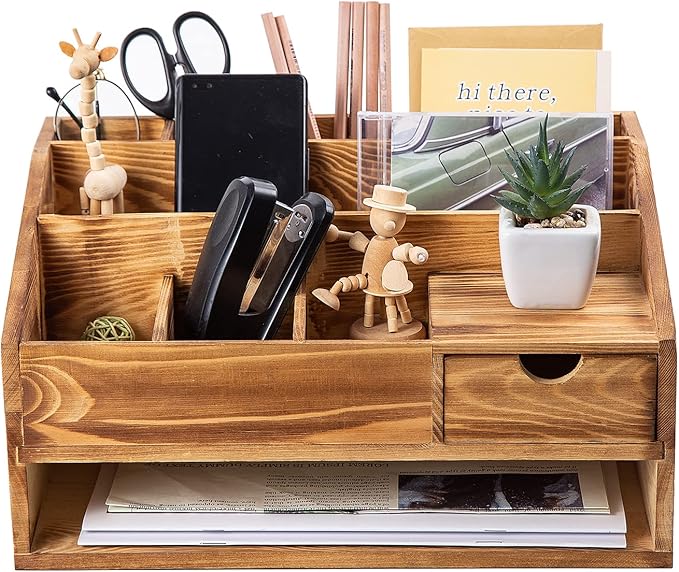 VERGOODR Wood Desk Drawer Organizers with File Organizer Pen holder Decor combo for Desk Organization, Office Desks, Home can arrange calculators, scissors, pens, note papers, etc. (Baked color)