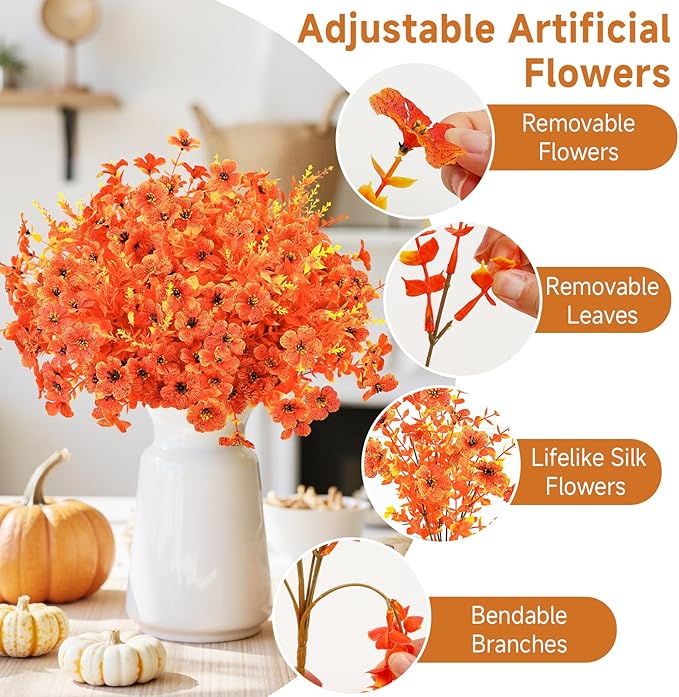 SHareconn 24 Bundles Artificial Fall Flowers for Outdoors Decoration, UV Resistant Silk Eucalyptus Lavender Faux Autumn Fake Plants for Outside Indoor Garden Yard Porch Home Decor, Sunset Red Orange