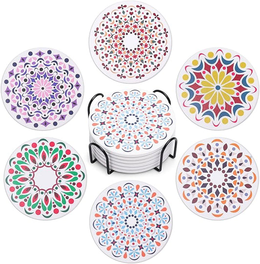 Acejoz Drink Coasters Set of 6, Mandala Design, Ceramic, Round, 4 Inches, Multicolor
