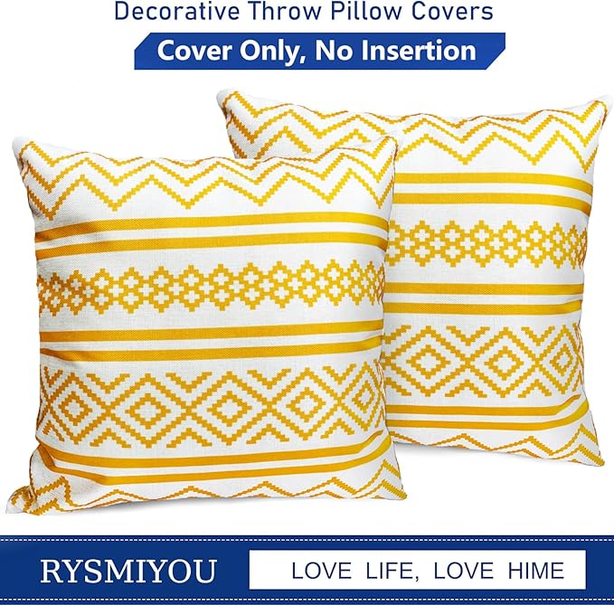 Decorative Throw Pillow Covers Set of 2 Chrome Yellow Boho Pillow Covers 16x16 Inch Throw Pillow Cover Linen Pillowcase Modern Farmhouse Outdoor Pillow Covers for Couch Sofa Bed Living Room