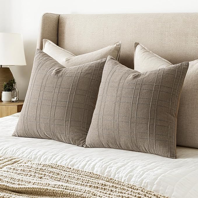 MIULEE Decorative Linen Check Euro Shams Throw Pillow Covers Neutral Farmhouse Vintage Pillow Covers 28x28 Set of 2 Boho Modern Winter Home Decor for Sofa Couch Bedroom Cushion Tan Taupe