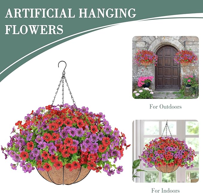 Artificial Flowers Hanging Plants in Basket,Artificial Hanging Flowers for Outdoor Indoor Decor,UV Resistant Hanging Baskets with Fake Flowers for Patio Garden Porch Deck Decoration