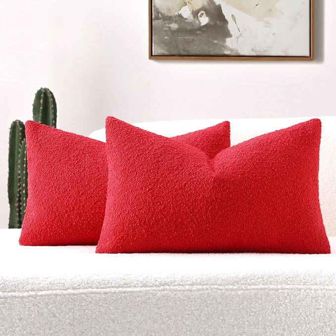 FUTEI Pack of 2 Red Decorative Throw Pillow Covers 12x20 Inch Soft Cozy Solid Boucle Textured Lumbar Pillow Cases,Modern Home Decor for Couch Bed Living Room