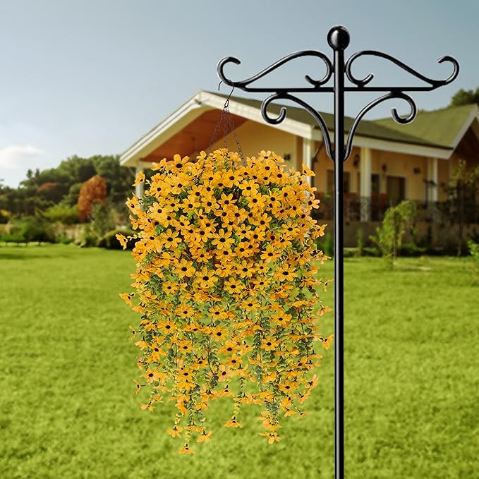 Fake Mums Fall Artificial Hanging Flowers for Outdoors Plants Decoration, 2 Bundles Faux Silk Colorful Daisy Eucalyptus Realistic UV Resistant for Outside Home Planter Porch Patio Yard Decor(Yellow)